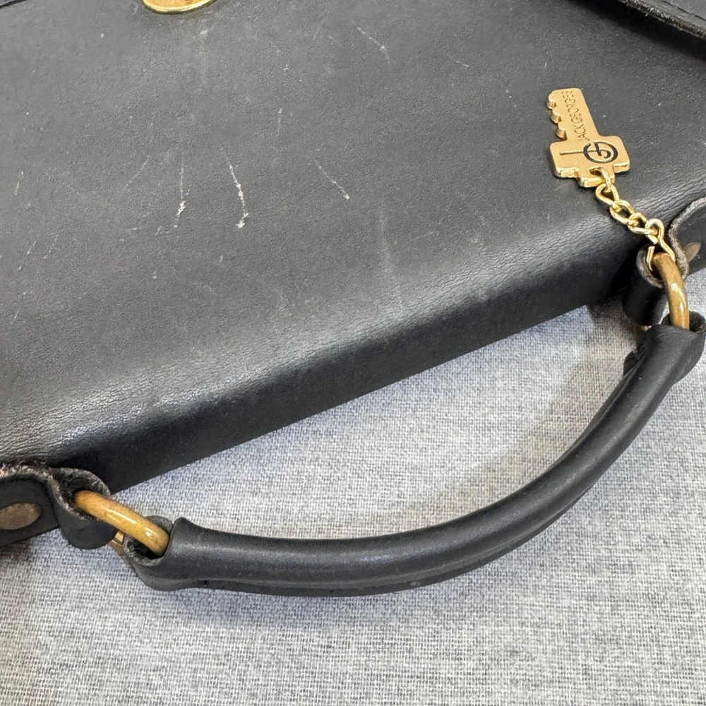 Jack Georges Black Leather Briefcase Messenger Bag Made in USA Brass Turn-lock